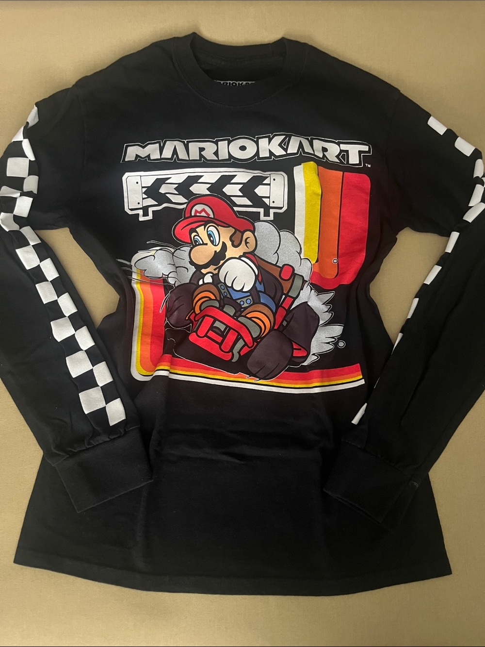 Nintendo Black Mario Kart Long Sleeve Tee with Red & Yellow Graphic